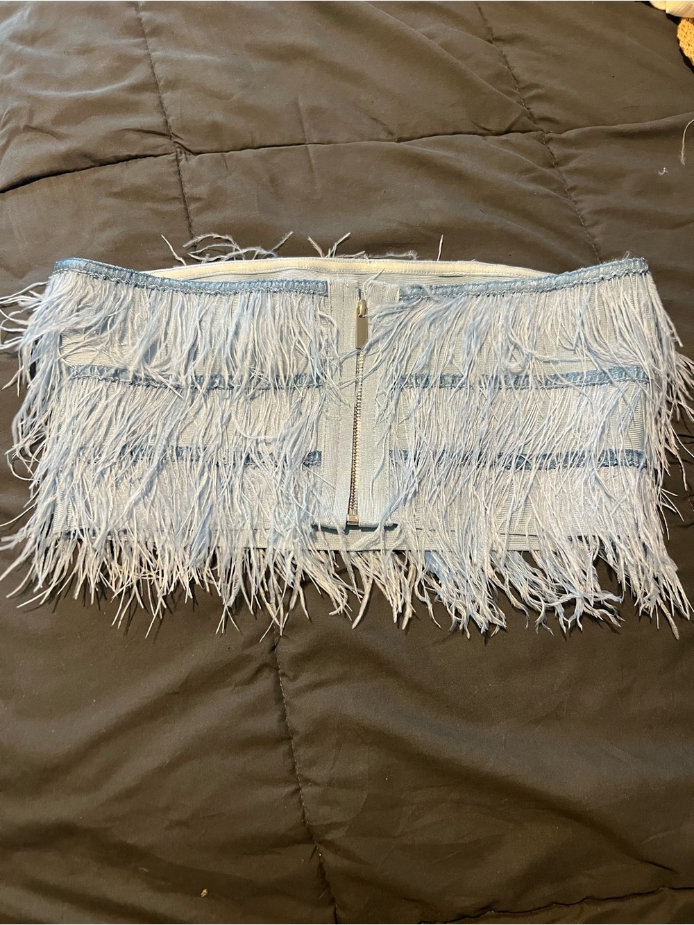 Light Blue Feather-Trim Strapless Crop Top - Picture 5 of 5